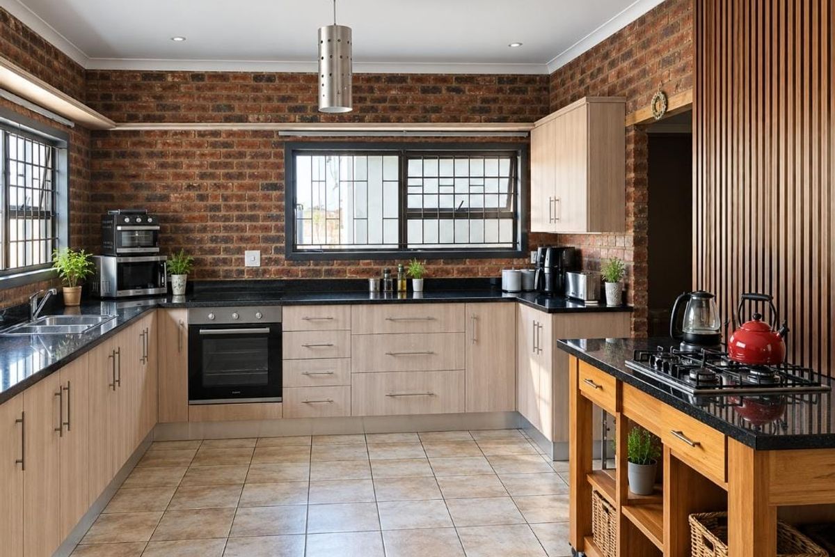 Modern kitchen featuring exposed brick walls, granite countertops, light wood cabinetry, and a timber slat feature wall with a central island gas hob.