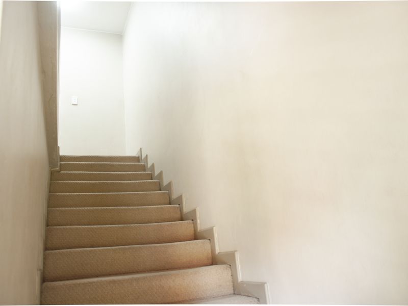 A simple staircase with carpeted treads leading to an upper level, featuring plain walls and basic architectural finishes.