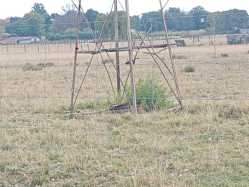 A view of a farm field featuring a weathered metal windmill structure enclosed by wire fencing.