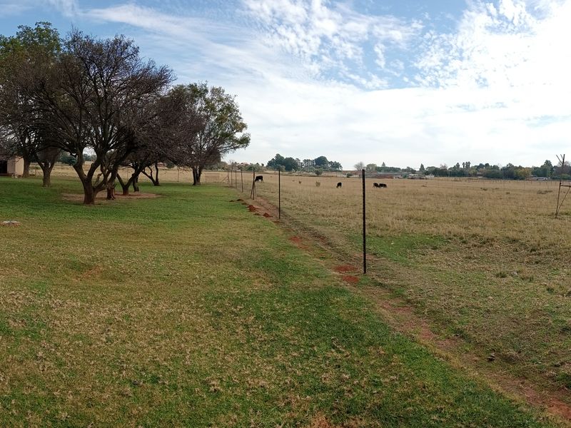 A panoramic view of a large farm property featuring expansive open fields, perimeter walling, and mature trees.