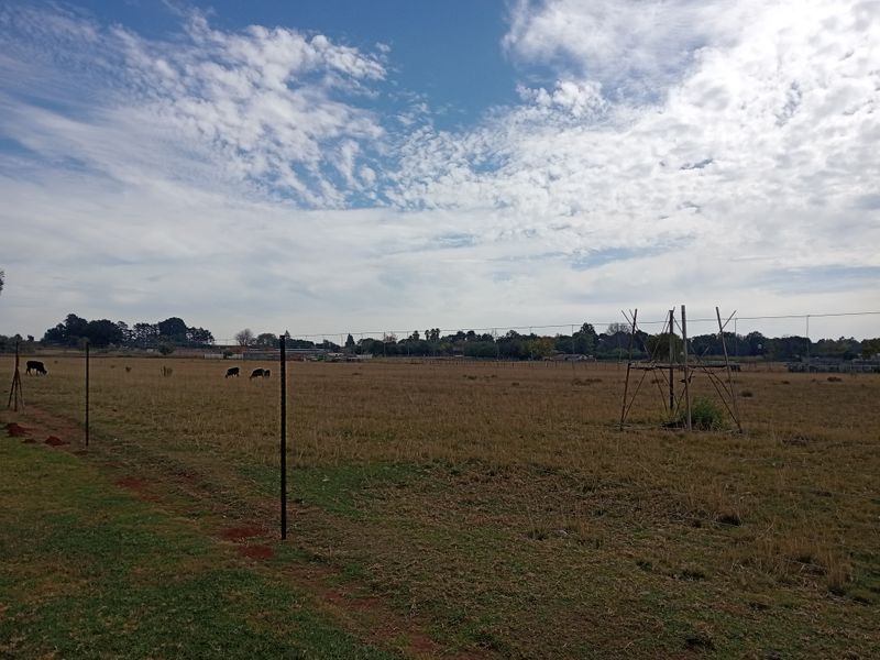 A wide-angle view of the expansive farm landscape featuring open grazing fields, wire fencing, and a clear sky.