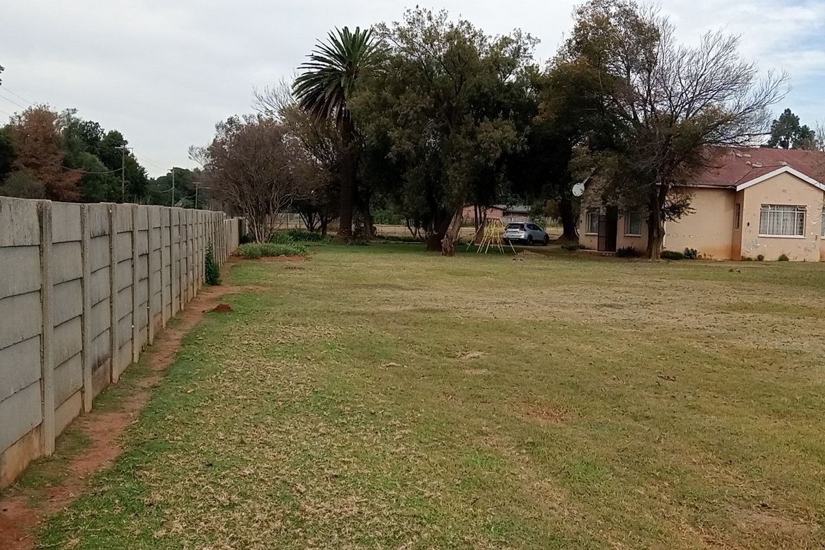Spacious farm garden featuring a long precast concrete boundary wall, mature trees, and a brick braai area with a view of the main house.