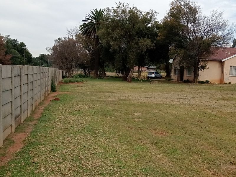 Spacious farm garden featuring a long precast concrete boundary wall, mature trees, and a brick braai area with a view of the main house.