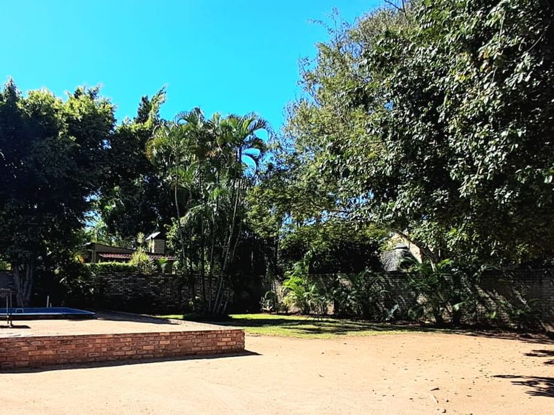 A spacious rear garden featuring a raised brick patio area, mature trees, and a perimeter boundary wall.