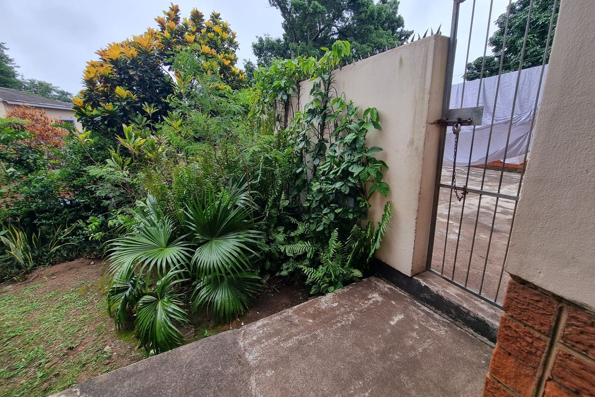 A rear outdoor area featuring concrete paving, a boundary wall with security spikes, and a metal gate leading to an adjacent space.