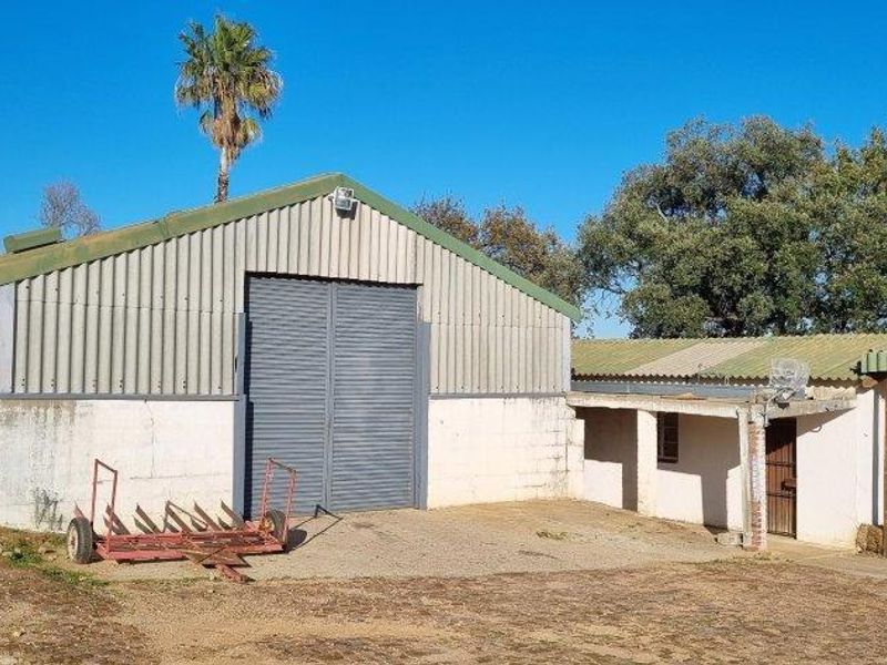 Rear view of a farm outbuilding featuring corrugated metal cladding, a large roller shutter door, and an attached covered lean-to area.