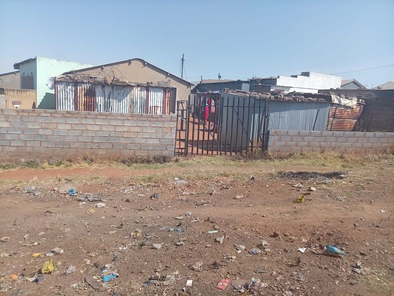 Front view of a property featuring a concrete block boundary wall, metal security gate, and corrugated iron structures in a residential setting.