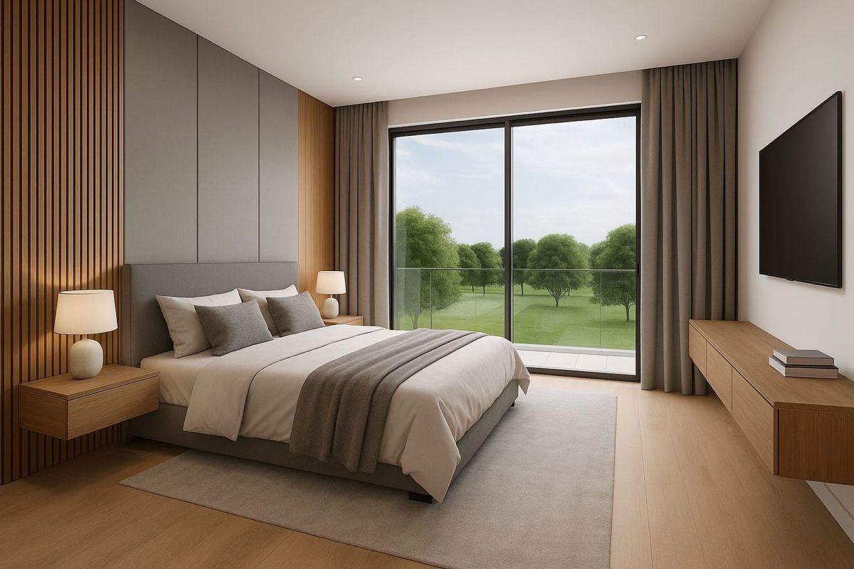 Modern bedroom featuring slatted timber wall paneling, floating cabinetry, and large sliding glass doors opening to a balcony with scenic green views.