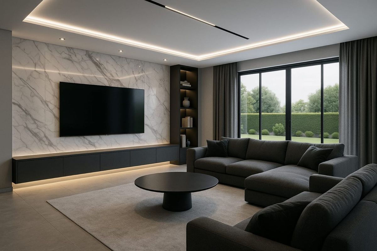 Modern living room featuring a marble accent wall, integrated cabinetry, recessed ceiling lighting, and large sliding doors overlooking the garden.