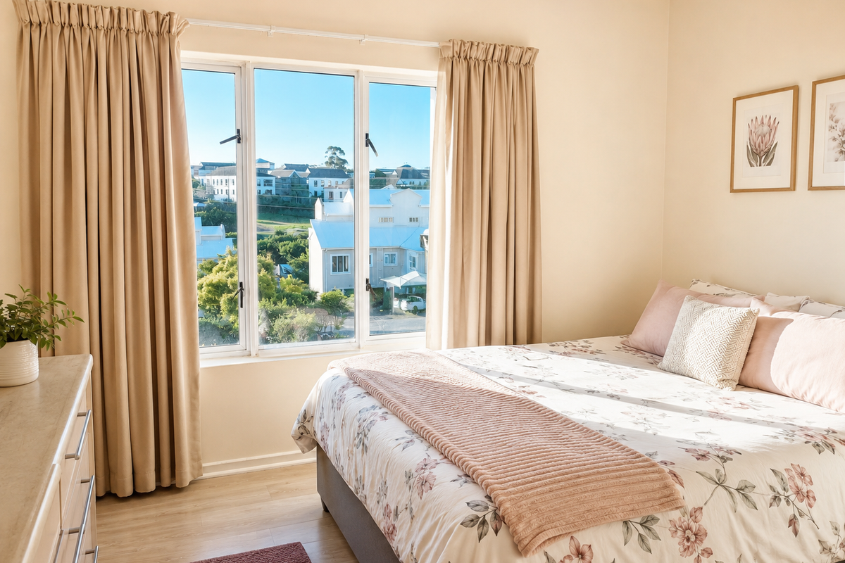 A bright and well-maintained bedroom featuring laminate flooring and a large window with natural light and neighborhood views.
