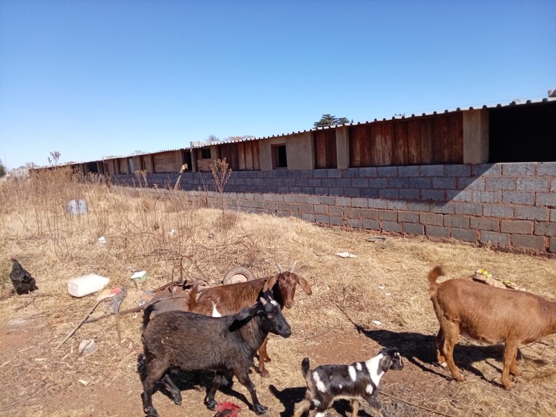 A view of a long, unfinished structure featuring a cinder block base and corrugated metal roofing on a vacant residential plot.