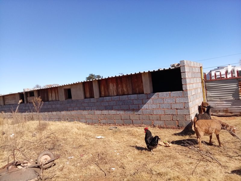 An unfinished single-story structure featuring cinder block walls and a corrugated metal roof, situated on a vacant residential plot.