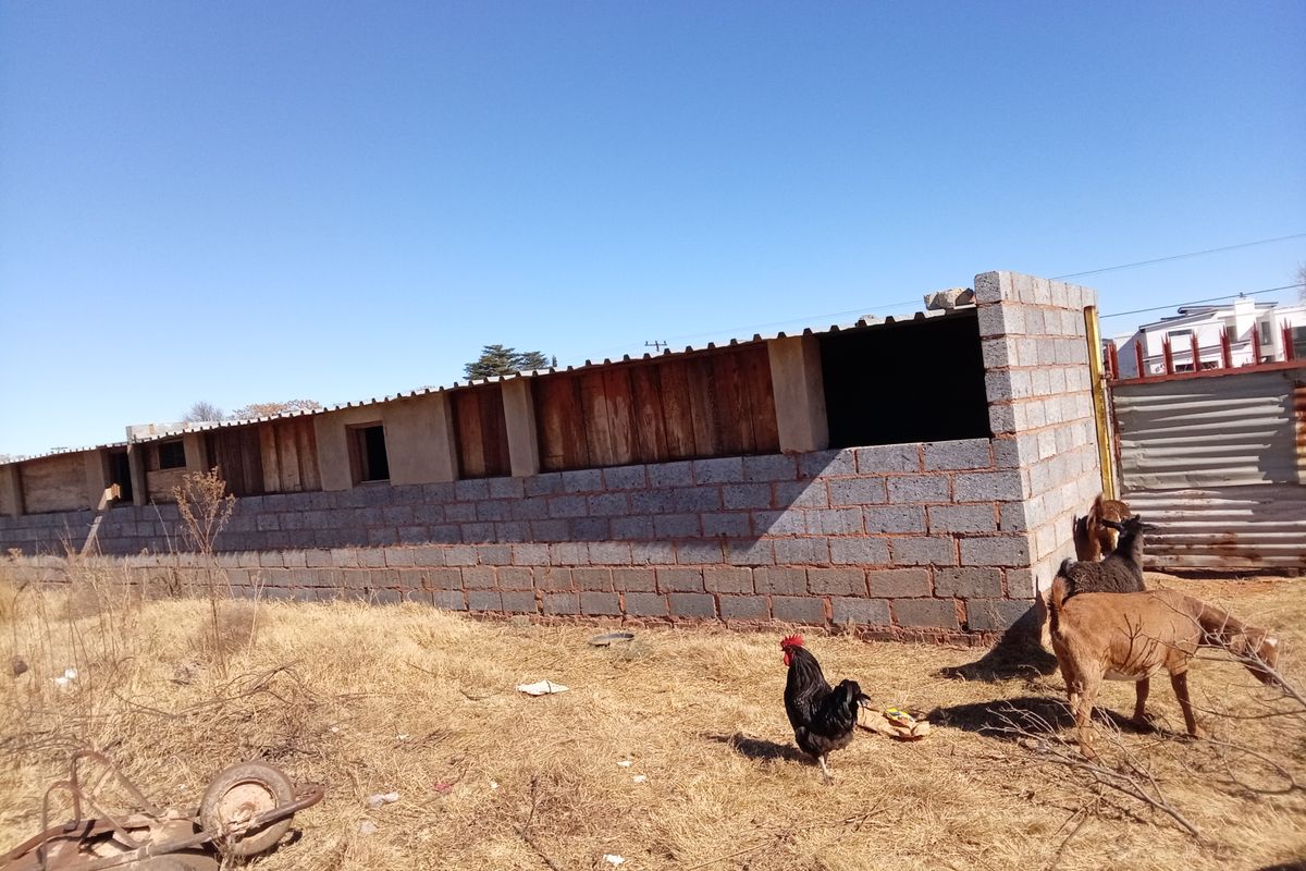 An unfinished single-story structure featuring cinder block walls and a corrugated metal roof, situated on a vacant residential plot.