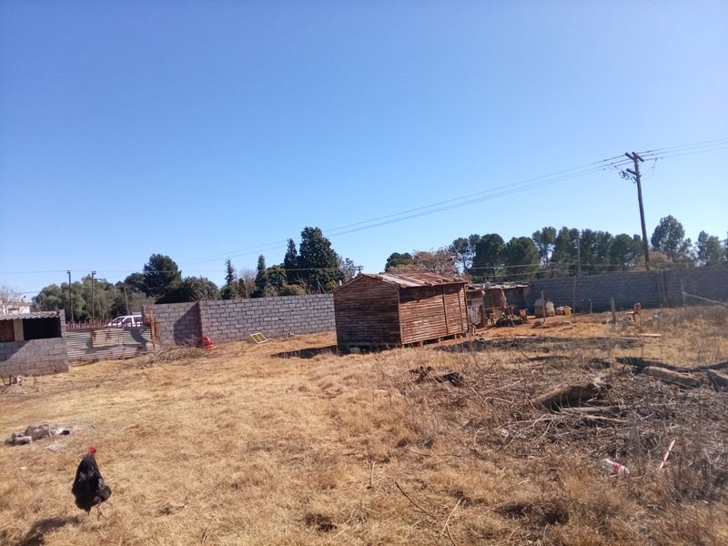 A vacant residential plot featuring a perimeter masonry wall, a small wooden shed, and dry, unmaintained ground cover.