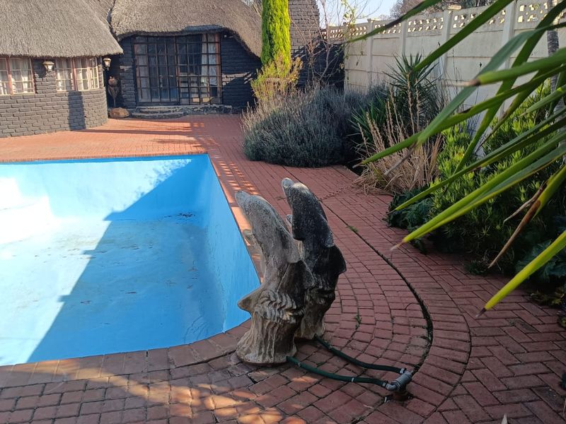 Outdoor pool area featuring a swimming pool with brick paving, surrounded by a thatched roof structure and perimeter walling.