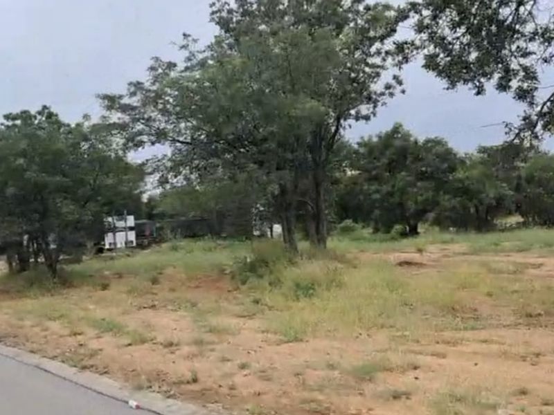 A vacant residential plot featuring mature trees and direct access to a paved road.
