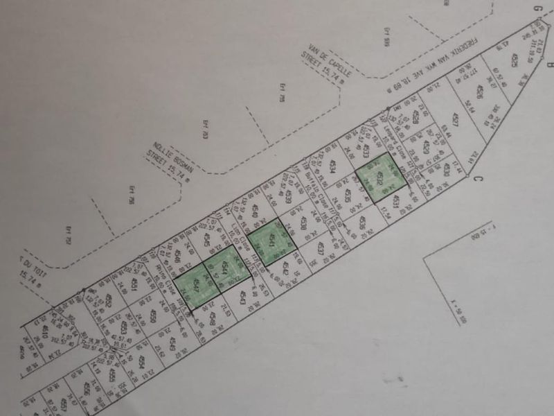 A cadastral survey map showing the layout and boundaries of multiple residential erven in the development.