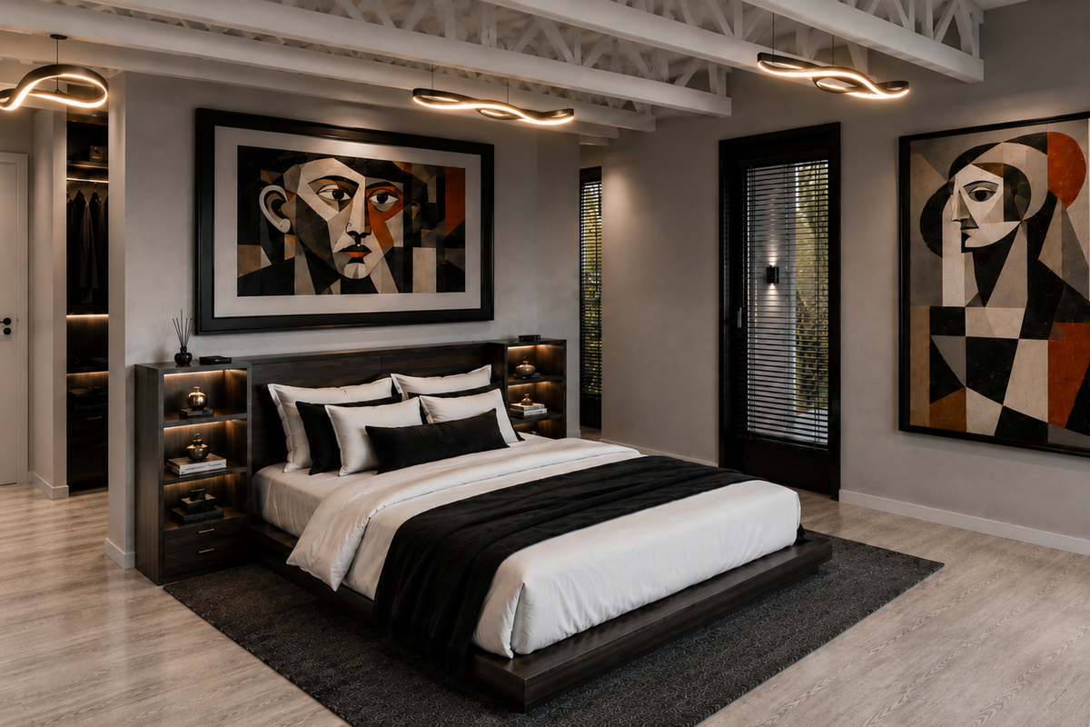 Modern bedroom featuring exposed ceiling beams, integrated headboard shelving, and a walk-in closet with high-end finishes and contemporary lighting.