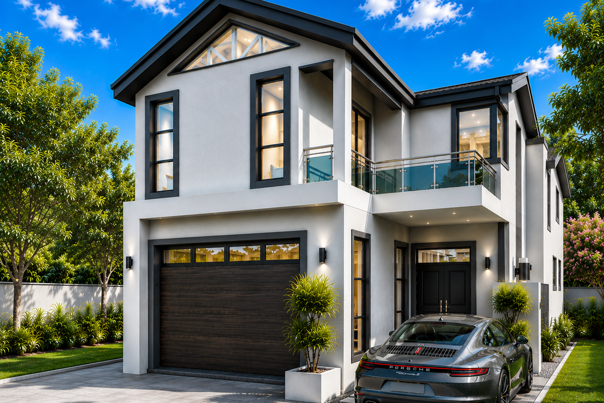 Modern double-storey townhouse featuring a sleek facade, upper-level balcony with glass balustrade, integrated garage, and contemporary architectural detailing.