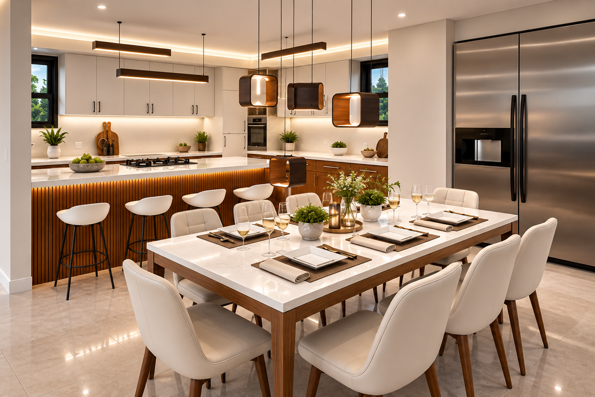Modern open-plan kitchen and dining area featuring sleek cabinetry, stone countertops, high-end integrated appliances, and elegant pendant lighting throughout the space.