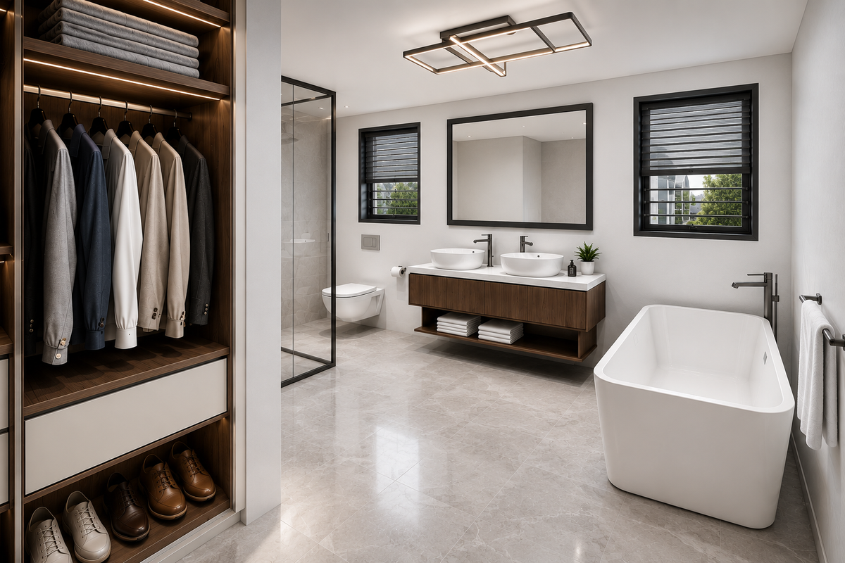 Modern luxury bathroom featuring a double vanity, freestanding bathtub, walk-in shower, wall-mounted toilet, and integrated wardrobe storage with ambient lighting.