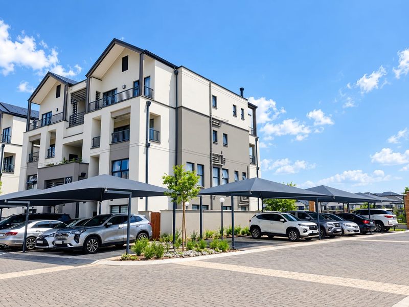 Modern apartment complex exterior featuring paved parking areas with shade cloth carports and well-maintained building facades with balconies.