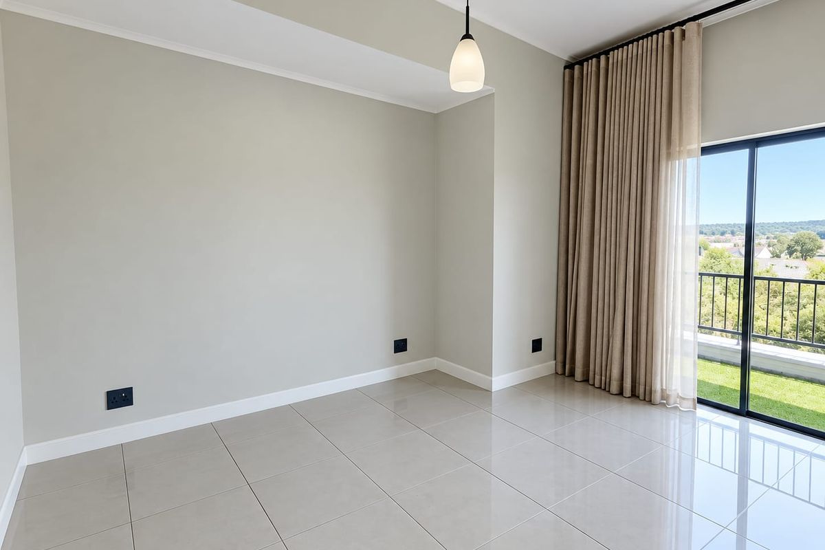 A bright, empty living area featuring polished tile floors, a modern pendant light, and a large sliding glass door leading to a balcony.