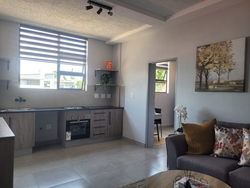 Modern open-plan living area featuring a well-appointed kitchen with built-in oven, hob, and sleek cabinetry, seamlessly flowing into the lounge space.
