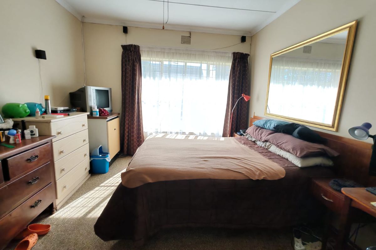 A standard bedroom featuring carpeted flooring, a ceiling fan, and a large window allowing natural light into the space.
