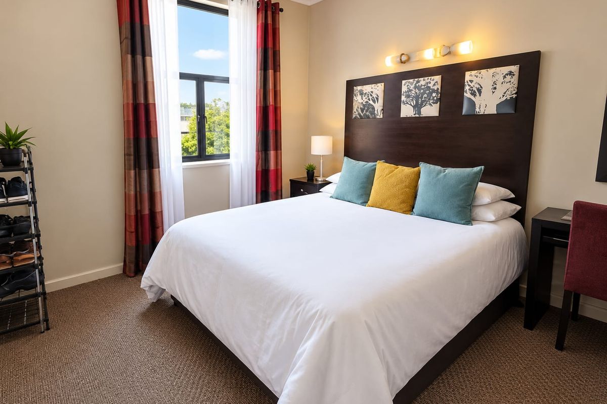 A well-maintained bedroom featuring neutral wall tones, carpeted flooring, and a built-in headboard with integrated lighting.