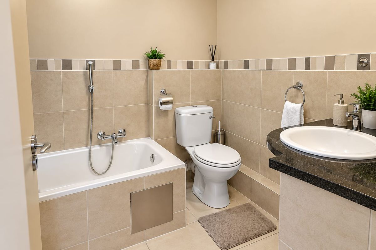 A well-maintained bathroom featuring a built-in bathtub with shower mixer, a standard toilet, and a vanity unit with a granite countertop.