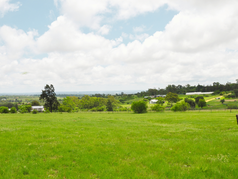 Expansive view of open green residential land with distant rural landscape and clear sky.