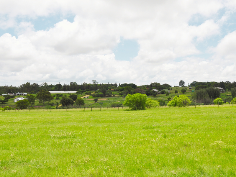A wide-angle view of a vacant residential plot featuring expansive green grass and surrounding landscape.