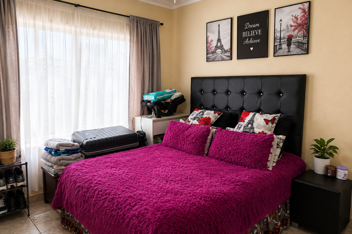 A cozy bedroom featuring tiled flooring and large windows with curtain rails, providing natural light and a comfortable living space.