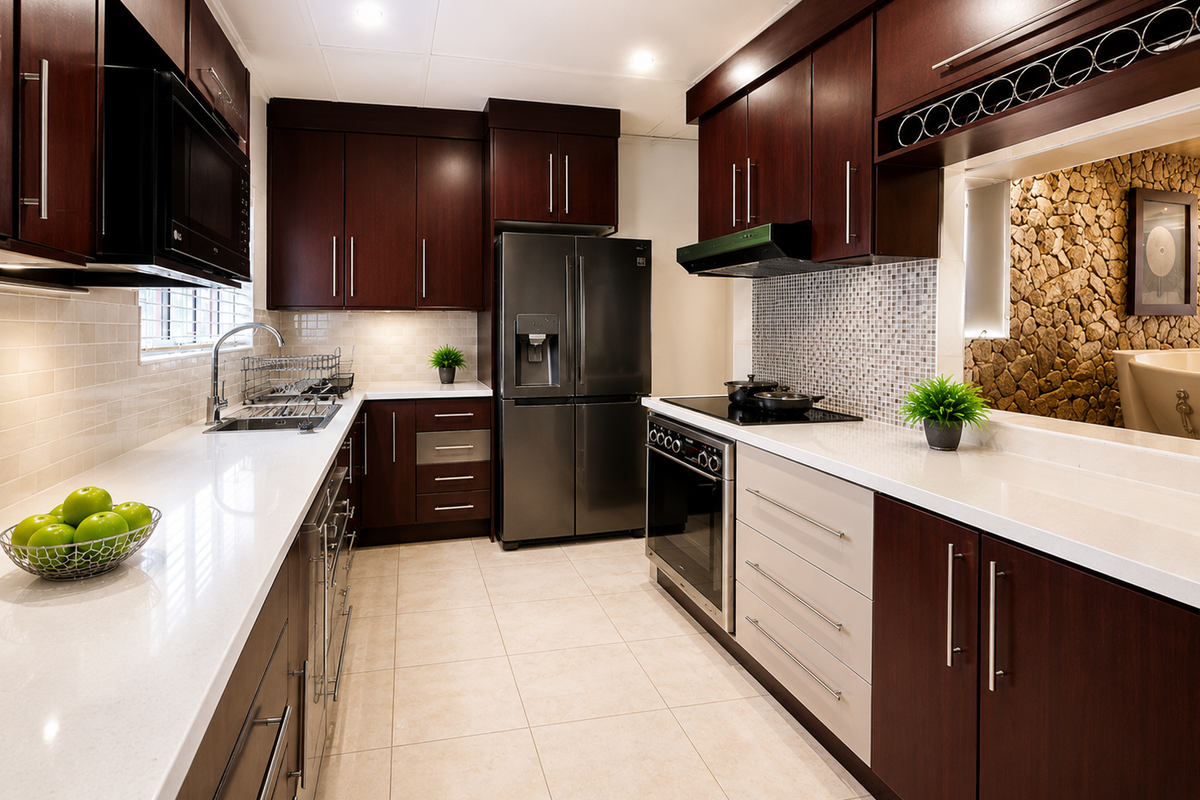 Modern kitchen featuring dark wood cabinetry, quartz countertops, mosaic tile backsplash, and integrated stainless steel appliances with a unique stone feature wall.