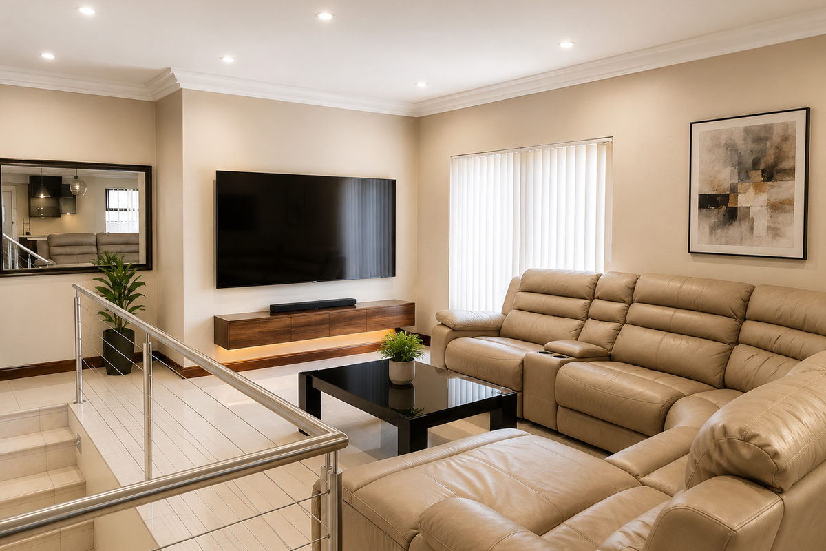 Modern living room featuring tiled floors, a floating media console with integrated lighting, and a sleek stainless steel balustrade overlooking the lower level.