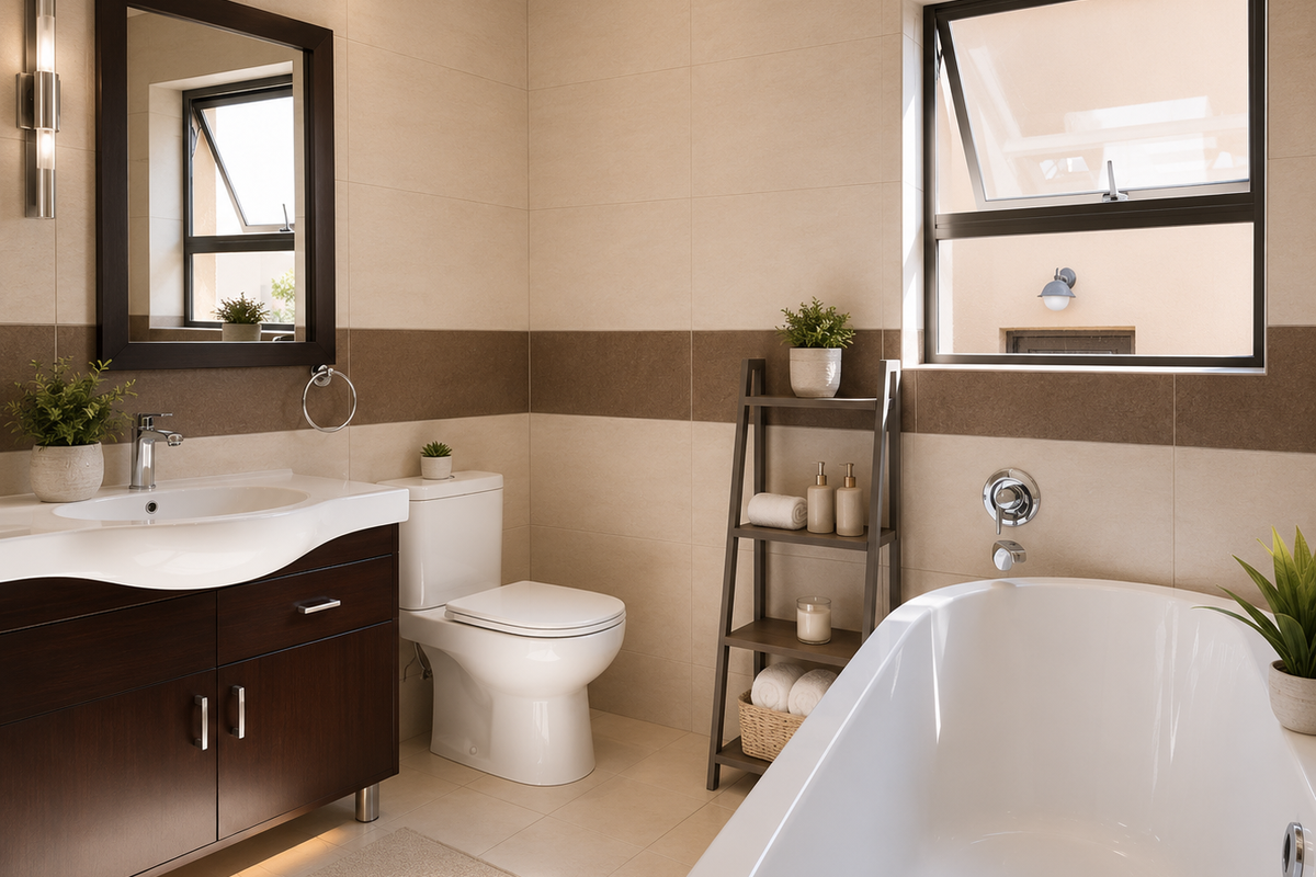 Modern bathroom featuring a dark wood vanity, integrated sink, white bathtub, and neutral-toned wall tiles with a decorative accent band.