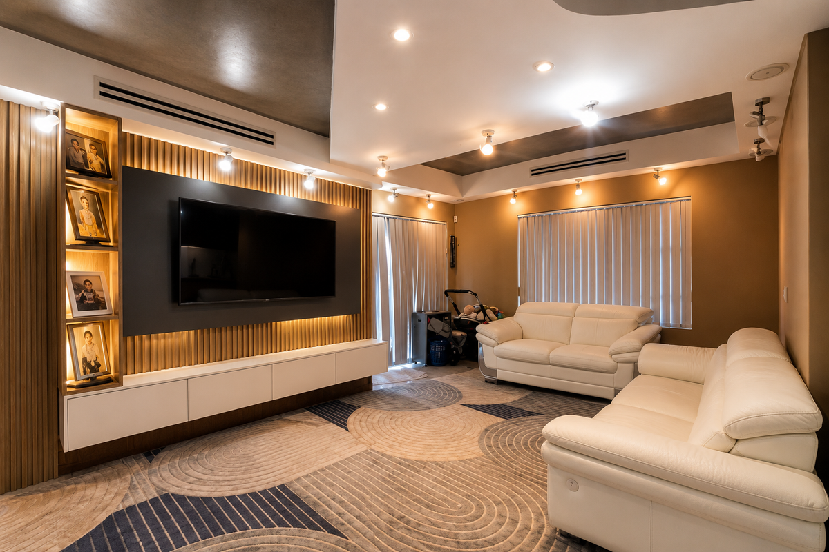 Modern living room featuring custom slatted timber wall paneling, integrated media console, recessed lighting, and ducted air conditioning.