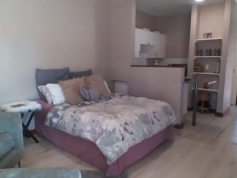 Open-plan studio apartment featuring a combined living and sleeping area with laminate flooring, adjacent to a compact kitchen with built-in shelving.