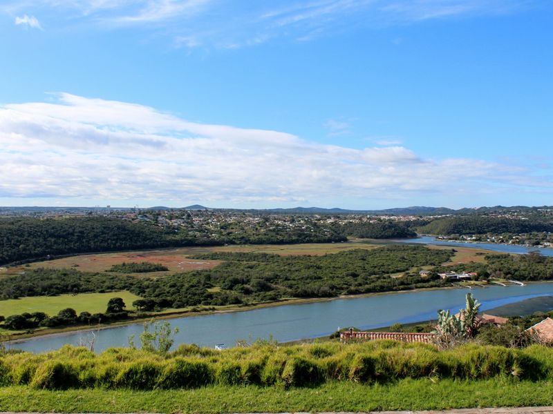 Expansive elevated view overlooking a river, lush green landscape, and distant residential area under a clear blue sky.