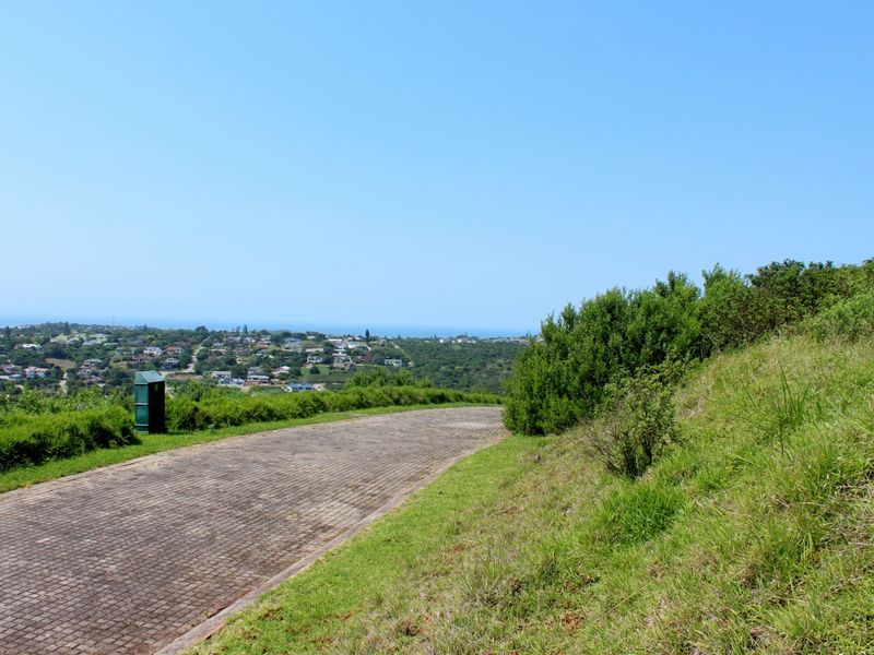 A scenic view overlooking a residential neighborhood and the distant coastline, featuring a paved driveway leading through the sloped, grassy landscape.