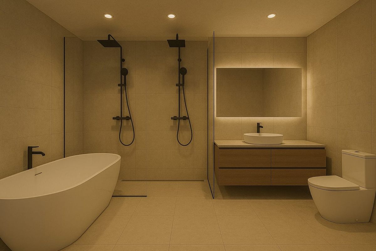 Modern bathroom featuring a freestanding bathtub, dual rainfall showerheads, a floating vanity with vessel sink, and a backlit mirror with neutral tiled finishes.