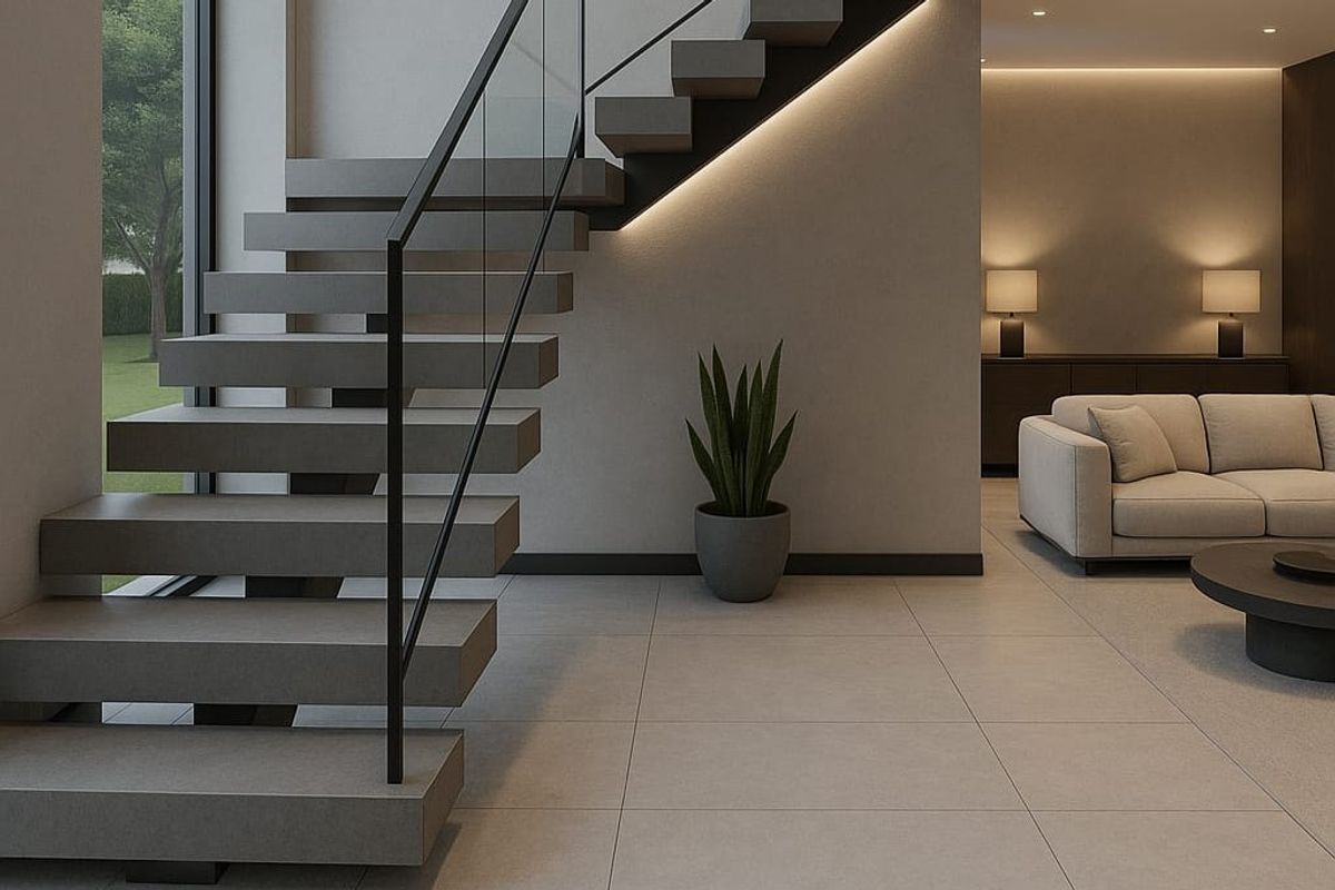 Modern open-plan living area featuring a striking floating staircase with glass balustrade, recessed LED lighting, and large format floor tiles.