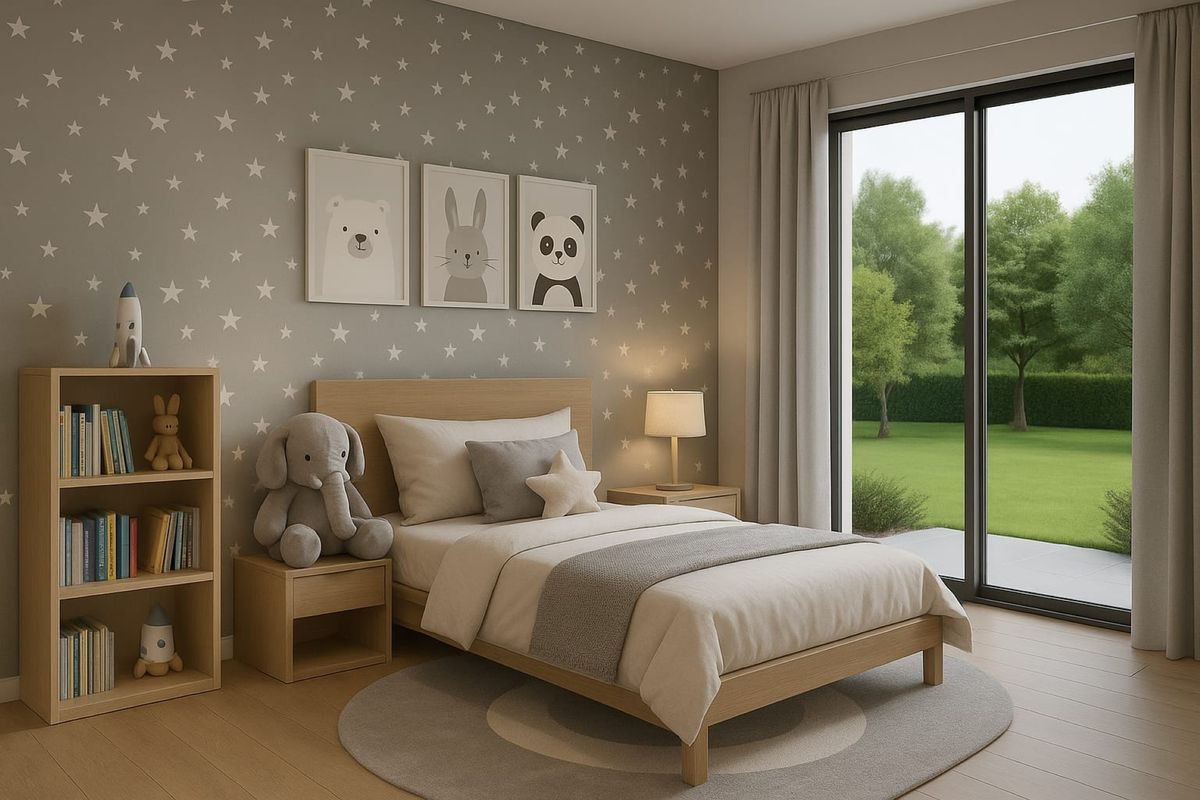A bright and modern bedroom featuring light wood flooring, star-patterned wallpaper, and a large sliding glass door providing direct access to the garden.