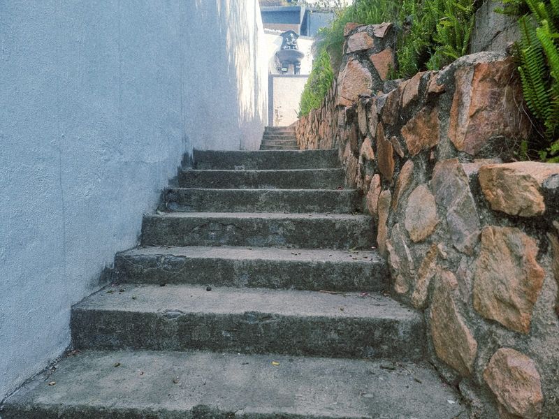 An outdoor concrete staircase flanked by a stone retaining wall and a rendered boundary wall leading to the upper garden area.
