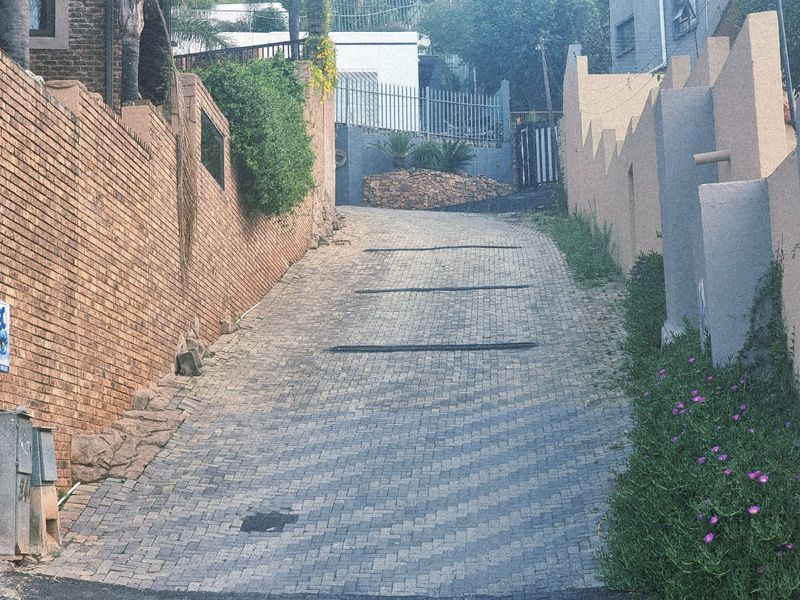 A steep paved driveway leading to the property entrance, flanked by brick retaining walls and boundary fencing.