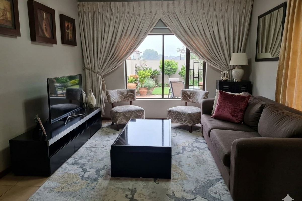 A comfortable living room featuring tiled flooring and a large sliding glass door that provides natural light and access to the rear garden.