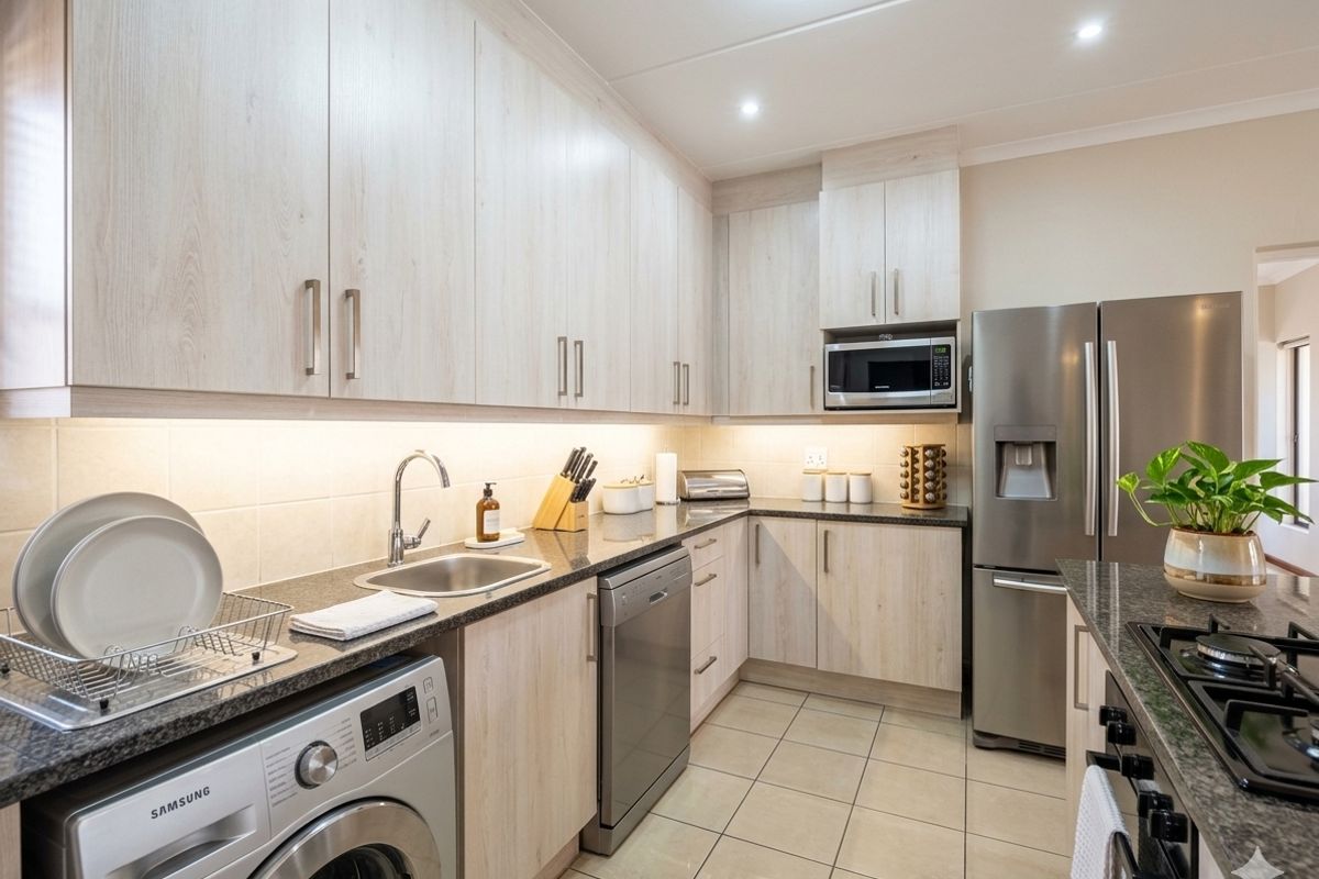 Modern kitchen featuring light wood-grain cabinetry, granite countertops, integrated appliances, and under-cabinet lighting with tiled flooring.