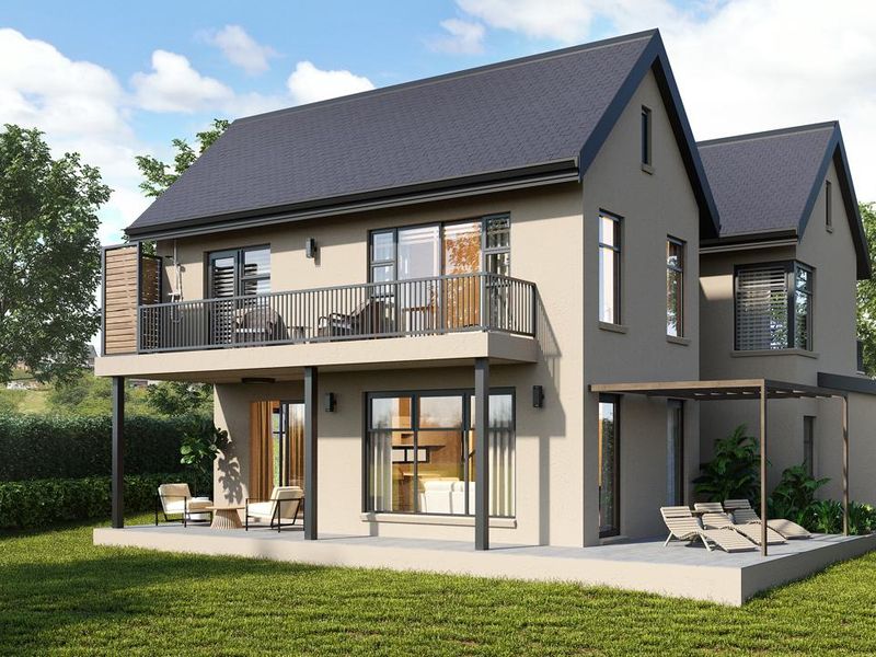 A modern two-story residential exterior featuring a rear balcony, covered patio, pergola, and large windows overlooking a landscaped garden.