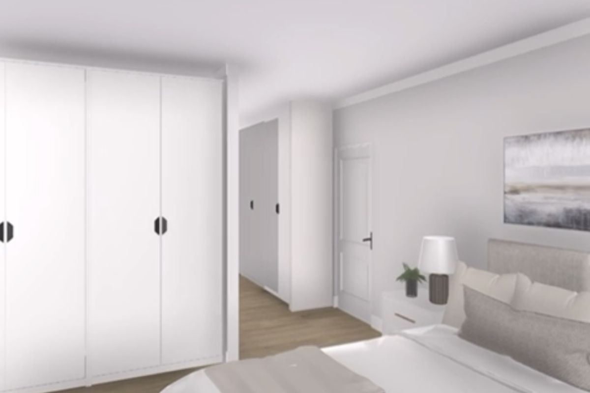 A modern bedroom featuring built-in wardrobes, light hardwood flooring, and neutral finishes, presented as a digital rendering.